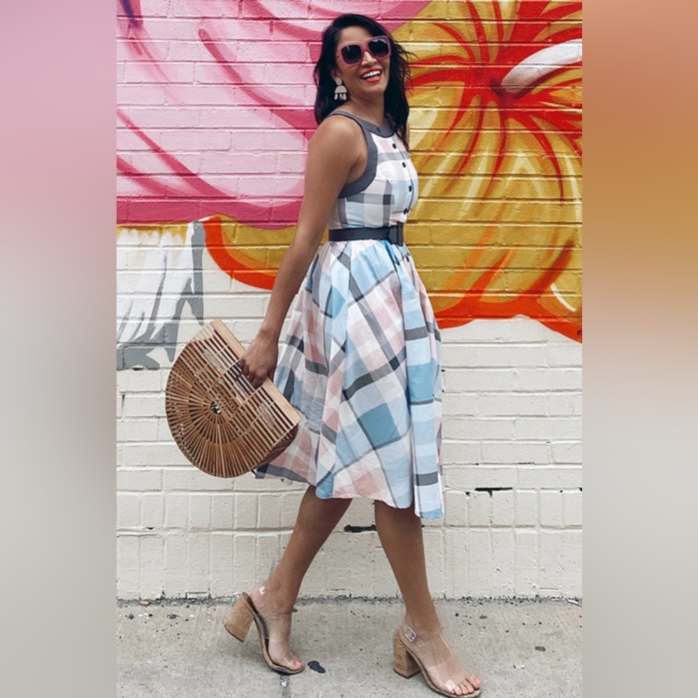 Unique Vintage Pastel Plaid Midi Dress in Blue, Pink, White